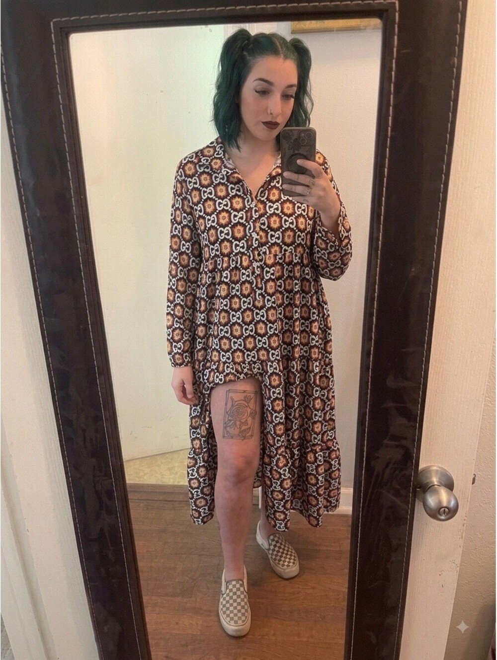 Kong Sochoat Geometric Interlocking Logo Tiered Shirt Dress Long Sleeve Boho XL